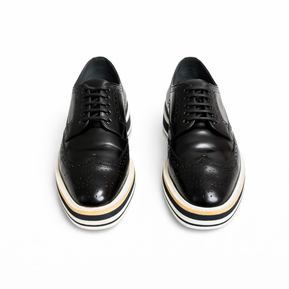 Prada Spazzolato Leather Platform Brogues 36 Black Wingtip Derby Elevated Sole - Picture 3 of 10